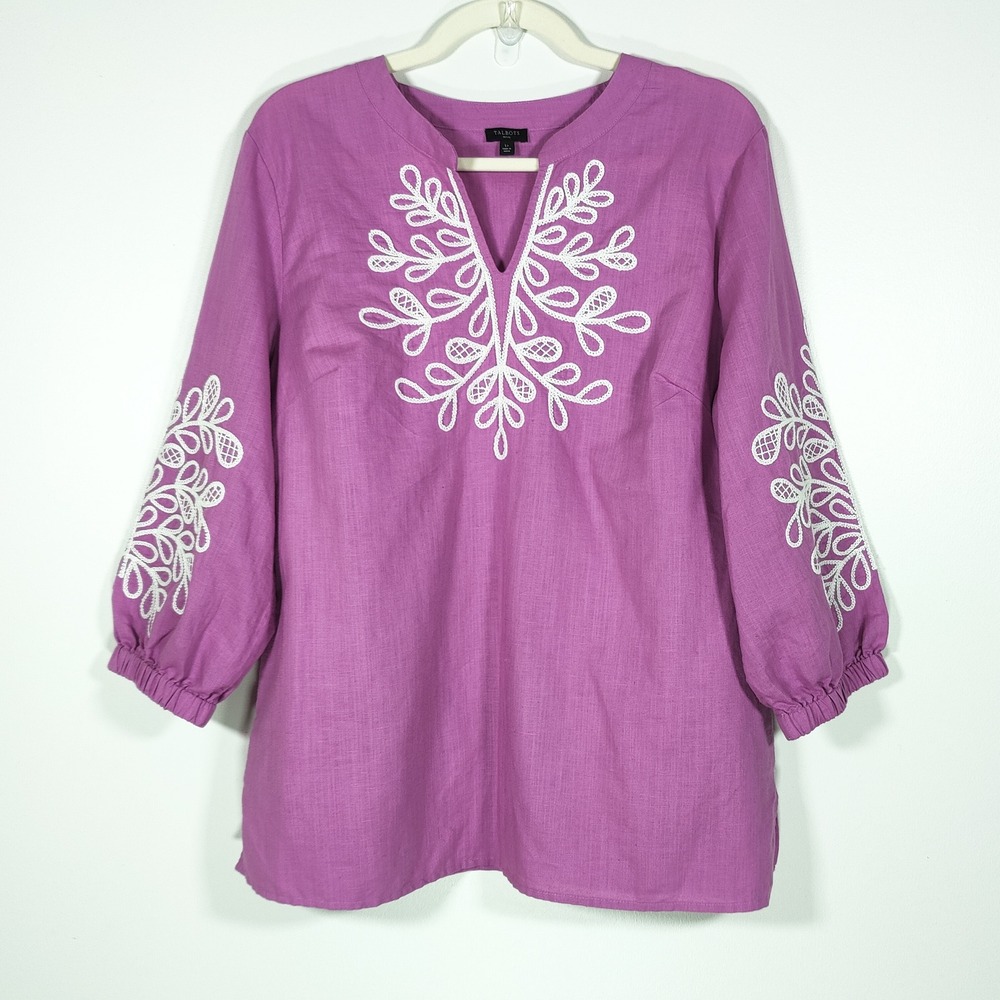 Talbots Petite Linen Cotton Tunic Top LP Purple White Embroidered Coastal Boho